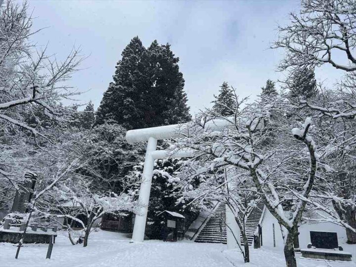 雪に包まれた白い鳥居と長い石段